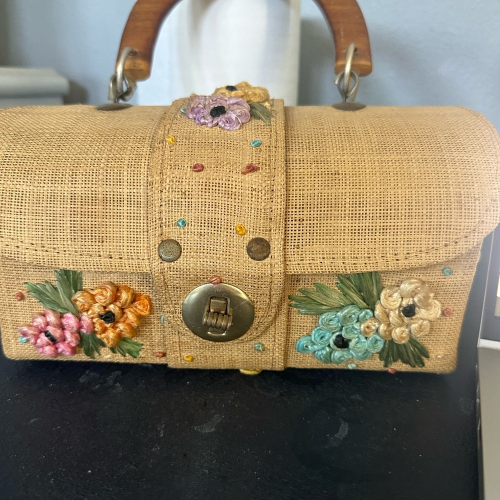 VINTAGE bag Tan Floral Embellished Clutch with Bamboo Handle